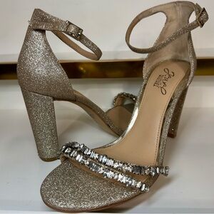 Jewel Badgley Mischka Glitter Block Heel Crystal Sandals Gold 7.5 💎✨
